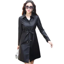 Осень Зима кожаные пальто с длинным рукавом плюс размер 5XL куртки Женская длинная верхняя одежда женский тонкий пояс пальто QH0650