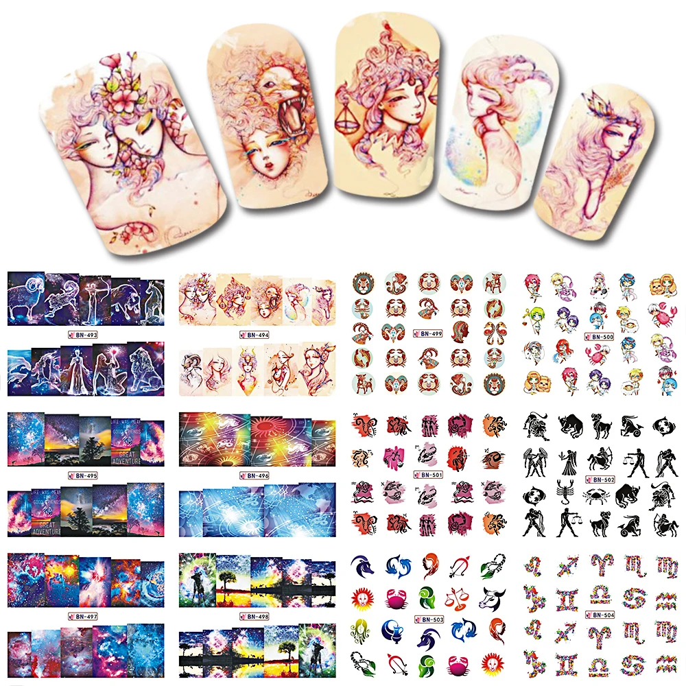 

SWEET TREND 12 Designs in One Set Nail Art Tips Mixed Zodiac Design Watermark Stickers Nail Art Decoration Tools LABN493-504