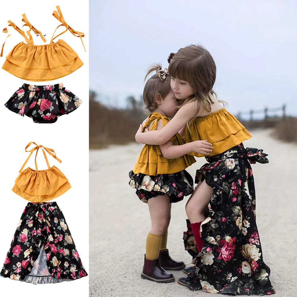 

Family Looks Clothing Sets Summer 2019 Matching Outfits Little Sister Big Sister Condole Belt Floral Tops+Bloomers Skirt Shorts