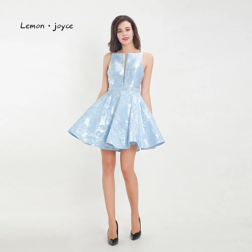 Lemon joyce Blue Prom Dresses 2019 Scoop Neck Sleeveless Backless Floral Print Simple Party