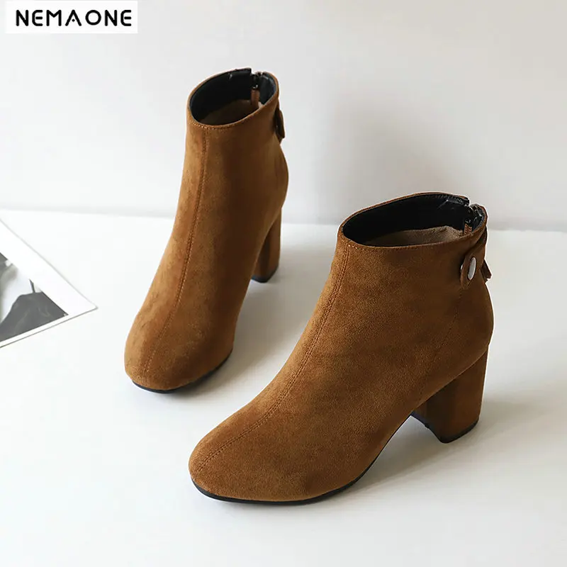 

NEMAONE Women's zipper Ankle Boots 7cm thick High Heel Ladies dress shoes Winter Woman boots gray brown Black Plus Size 43