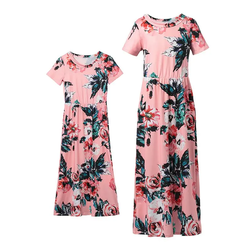 

VOGUEON Mother Daughter Dress Girls Short Sleeve Floral Printed Beach Summer Clothes Family Matching Mommy and Me Maxi Dresses
