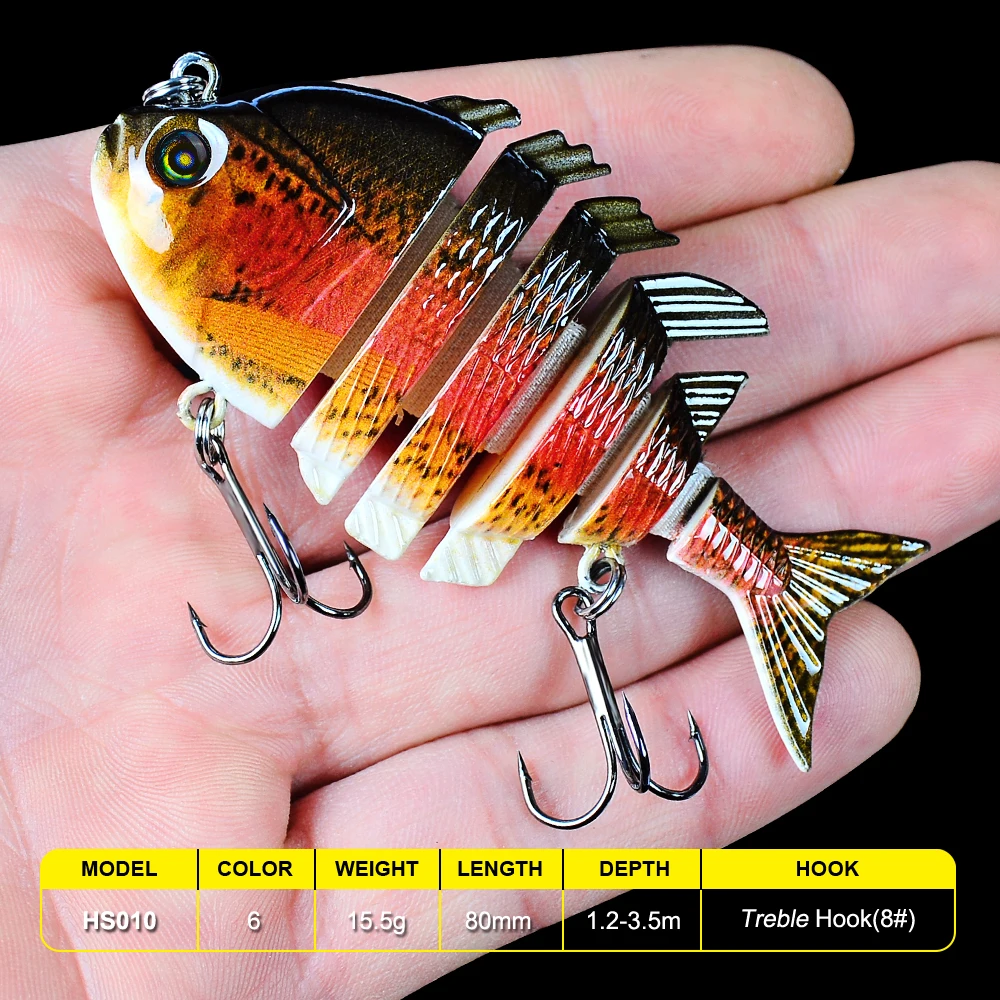 SUNLURE 6 Sections Fishing Lure 0.501oz 14.21g/8cm 3.15" Swimbait Fishing bait 8 Black Hook