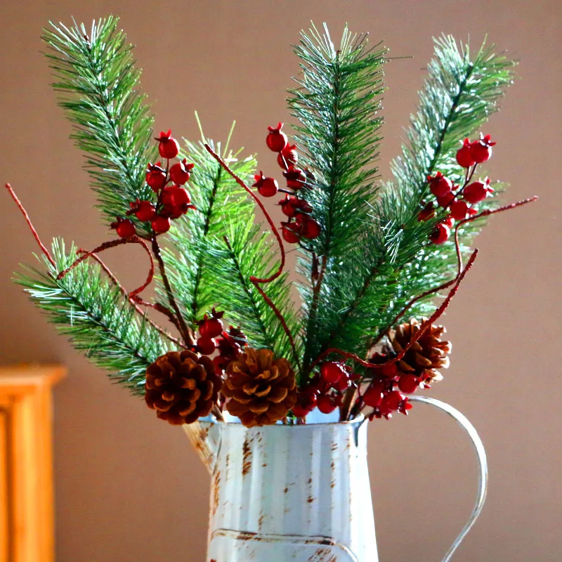 

2019 Artificial Berries Christmas Ornament Pine Cone Red Fruit Pine Branch Creative Artificial Flower Pine Needle Ornaments 45cm