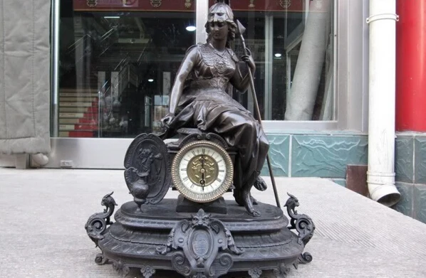 

Elegant old S1501 Western Art belle warrior CLOCK Bronze Marble SCULPTURE statue (A0322)