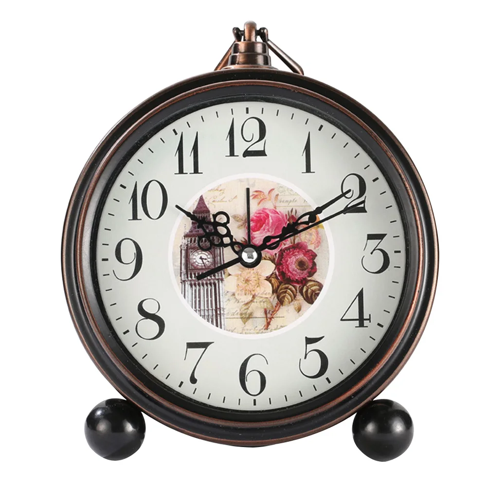 

European Style Flower Print Desktop Battery Operated Silent Alarm Clock Round Vintage Quartz Retro Modern Office For Home