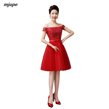 

Elegant Sexy Knee Length Dresses Short One Word Shoulder Sequined Bandage Back Robe Red Burgundy Dress For Women
