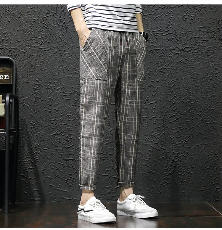 New style Fashion Male autumn slim fit Elastic waistline Casual pants/Male High quality Ankle-Length grid Haroun pants