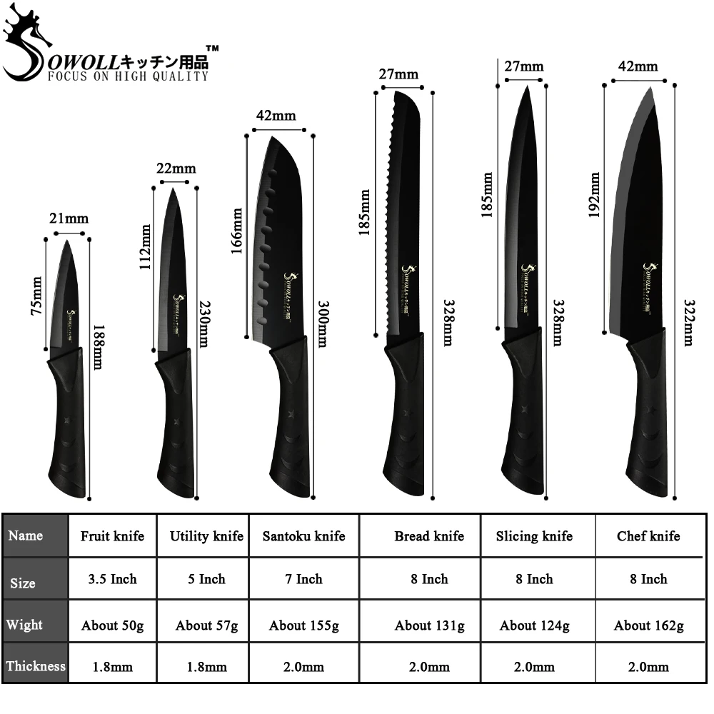 SOWOLL Stainless Steel Kitchen Knife 3.5'' 5'' 7'' 8'' Paring Utility Santoku Slicing Bread Chef Meat Fish