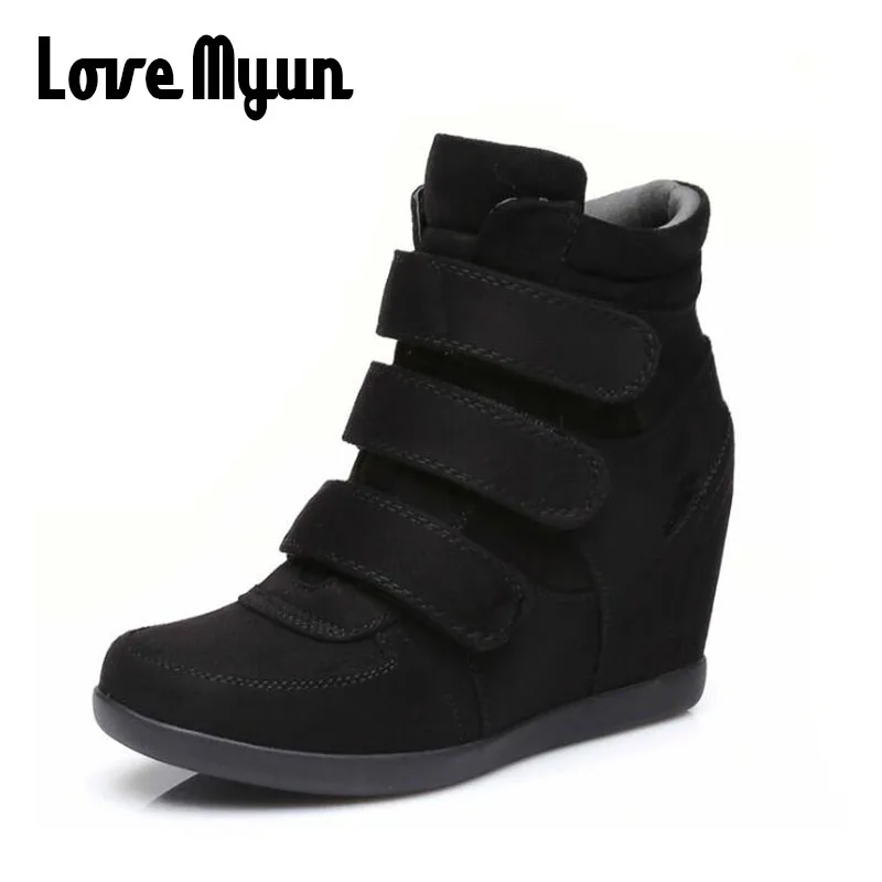 

ALL black Woman Sneakers Casual Wedge flat Platform Shoes Breathable Ankle Boot Women high top Height Increasing Shoes KK-80