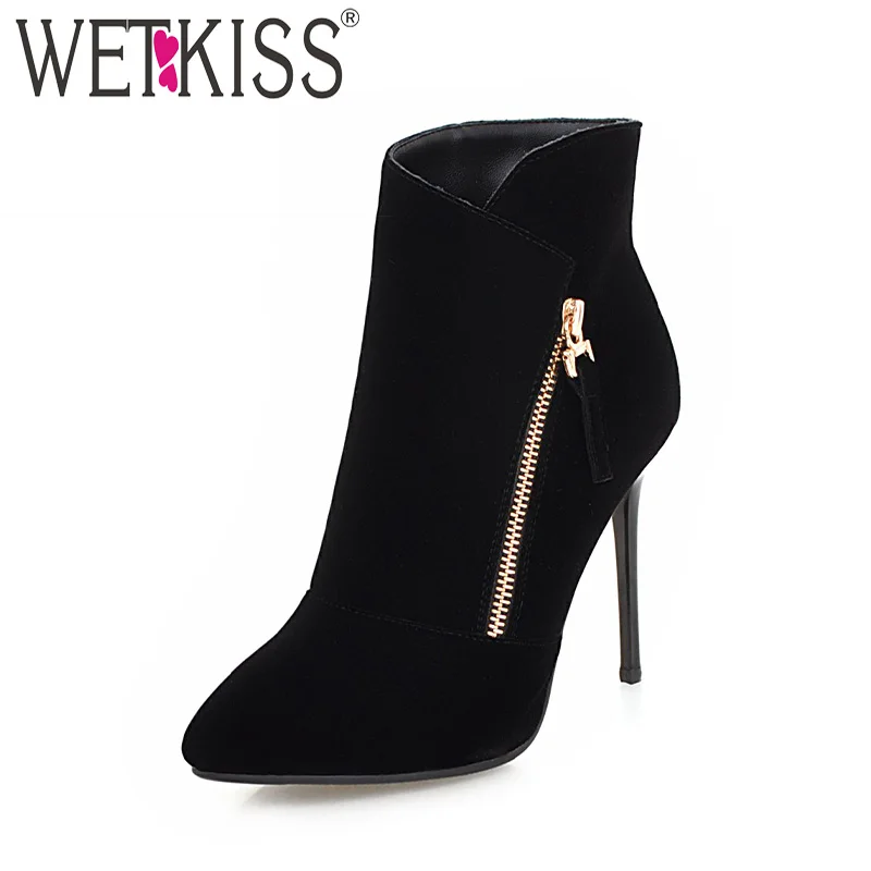Goedkoop WETKISS Plus Size 46 Winter Dunne Hoge Hakken Vrouwen Enkellaarsjes Puntschoen Schoeisel Zip Flock Vrouwelijke Boot Party Schoenen vrouwen 2018