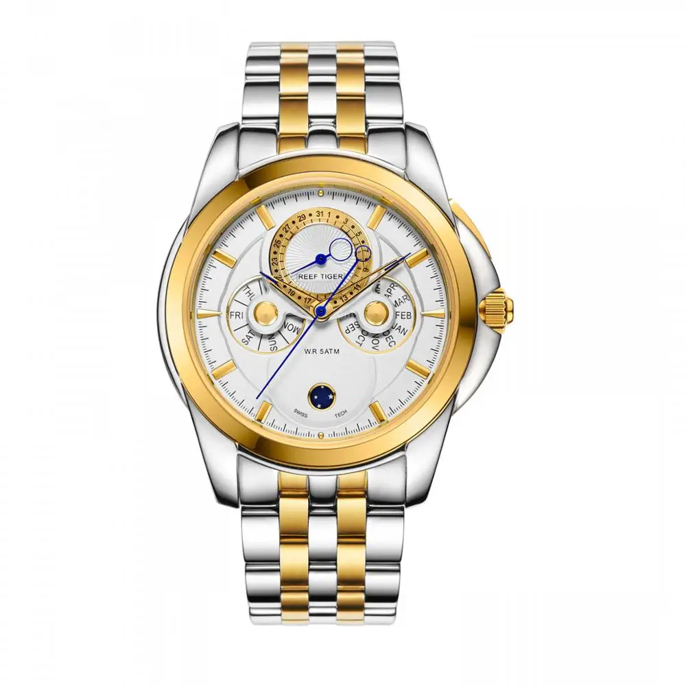 Reef Tiger/RT роскошные часы из розового золота мужские многофункциональные кварцевые часы с календарем и фазой Луны RGA830 - Цвет: RGA830GWT