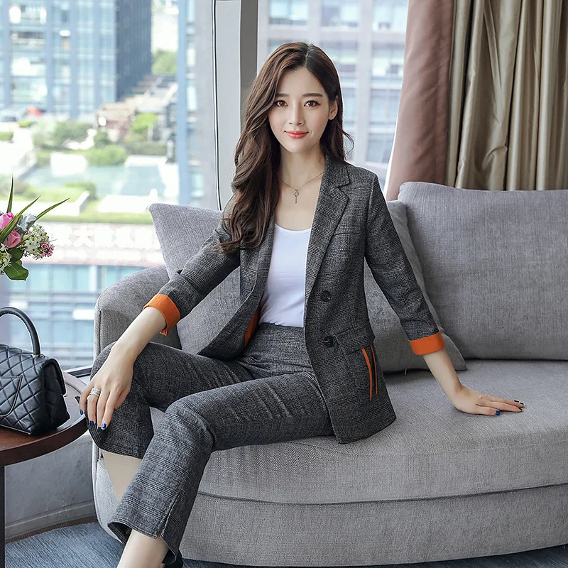 Fashion 2018 New Business Pant Suits Set Blazers Formal Women OL Elegant Plaid 2 Piece Sets Uniform Jackets Set / High Quality Fashion 2018 New Business Pant Suits Set Blazers Formal Women OL Elegant Plaid 2 Piece Sets Uniform Jackets Set / High Quality
