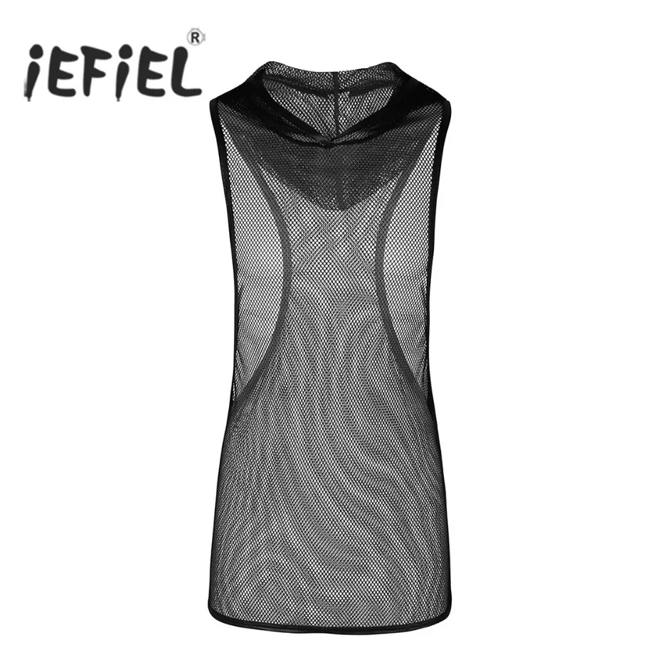 

iEFiEL Mens Fishnet See-through Super Light Hooded Vest Waistcoat Tank Top Clubwear Undershirt Wetlook Tops Men Singlet Clothing