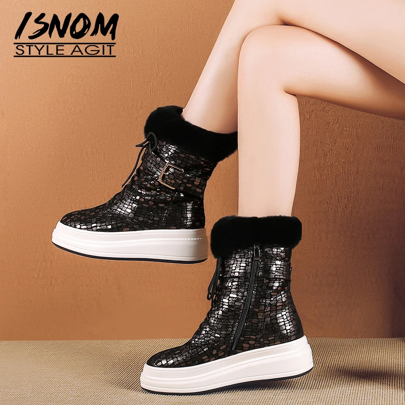 

ISNOM Snow Women Ankle Boots Warm Thick Plush Round Toe Footwear Leather Fur Female Boot Platform Shoes Woman 2018 Winter New