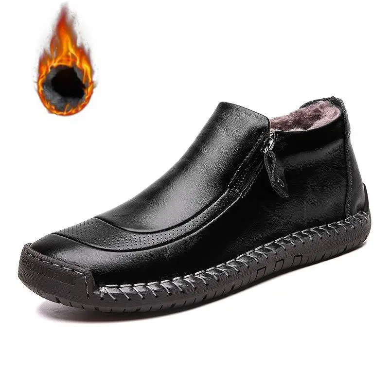Зимние новые мужские зимние ботинки, сохраняющие тепло высококачественные кожаные мужские ботильоны, мужские ботинки на меху, осенняя мужская обувь большого размера 48 - Цвет: Black  Add cotton
