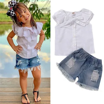 

1-4 Years 2cps Baby Girls Clothing White Neck Bow Tie Shirt Girls Blouse Tops Hole Short Jeans Girls Clothing Set Toddler Outfit