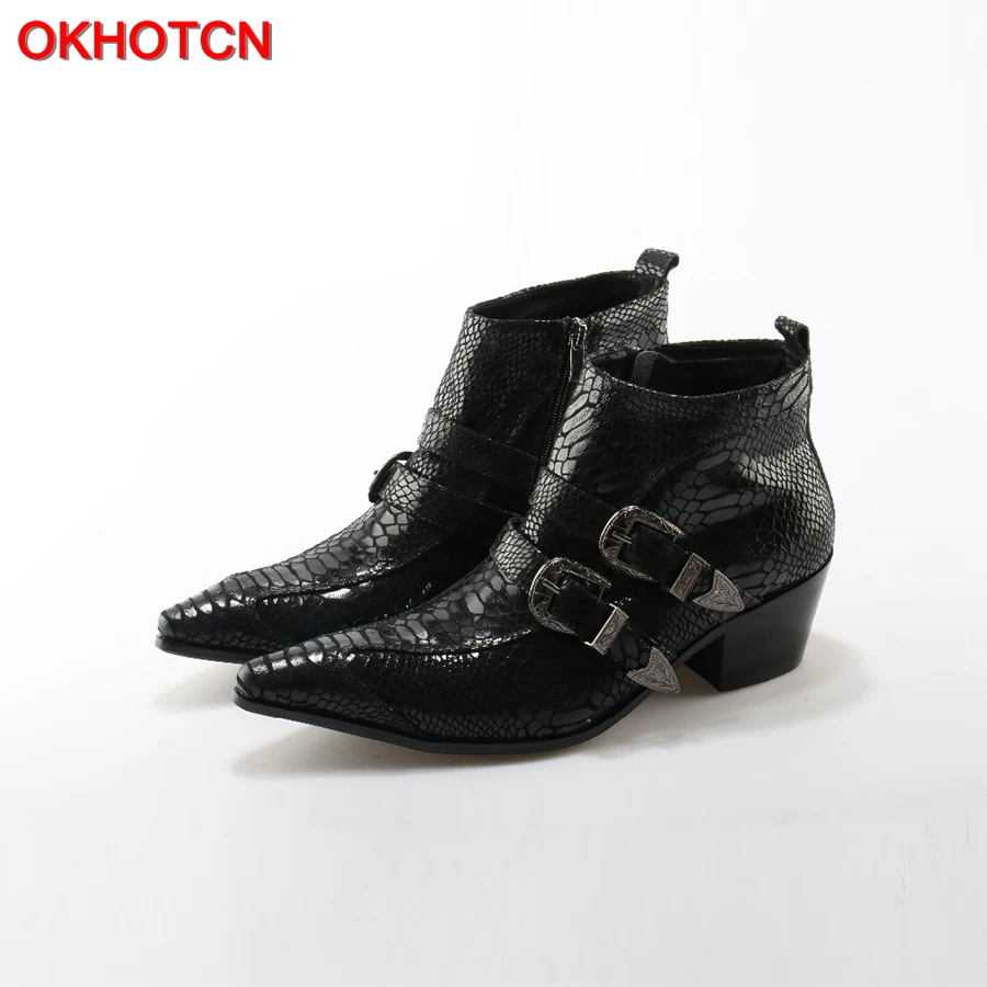OKHOTCN British Style Autumn Winter Men Boots Fashion Pointy Buckle Ankle Boots Casual Genuine Leather Shoes Double Buckles Bota OKHOTCN British Style Autumn Winter Men Boots Fashion Pointy Buckle Ankle Boots Casual Genuine Leather Shoes Double Buckles Bota