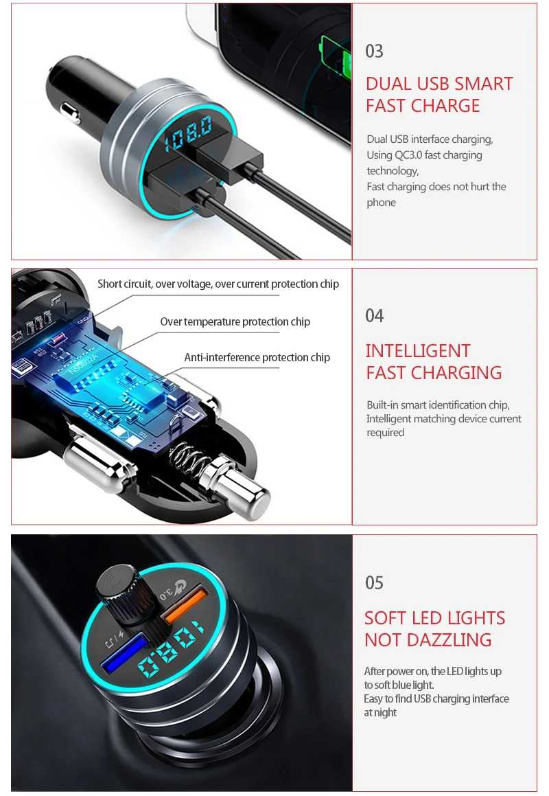 Автомобильный MP3-плеер с Bluetooth QC3.0 2.4A, двойной USB, быстрая зарядка, автомобильное зарядное устройство, зажигалка, громкая связь, вызов, автомобильный fm-передатчик, адаптер