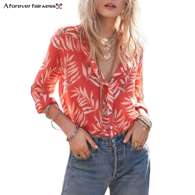 

A Forever Spring Summer Tops Women Blouses Retro Tree Leaf Printed Lapel Red Shirt Fashion Casual Print Blouse M-1132