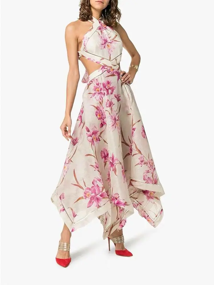 Богемное розовое летнее платье с цветочным принтом новое женское сексуальное Холтер крест на шнуровке Blackless хлопок лен пляж Бохо длинное платье