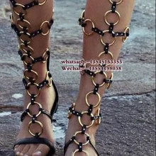 Лидер продаж, летние Брендовые женские сапоги до колена с золотыми металлическими кольцами и цепочками, с вырезами, сандалии на плоской подошве, женские сандалии-гладиаторы в римском стиле