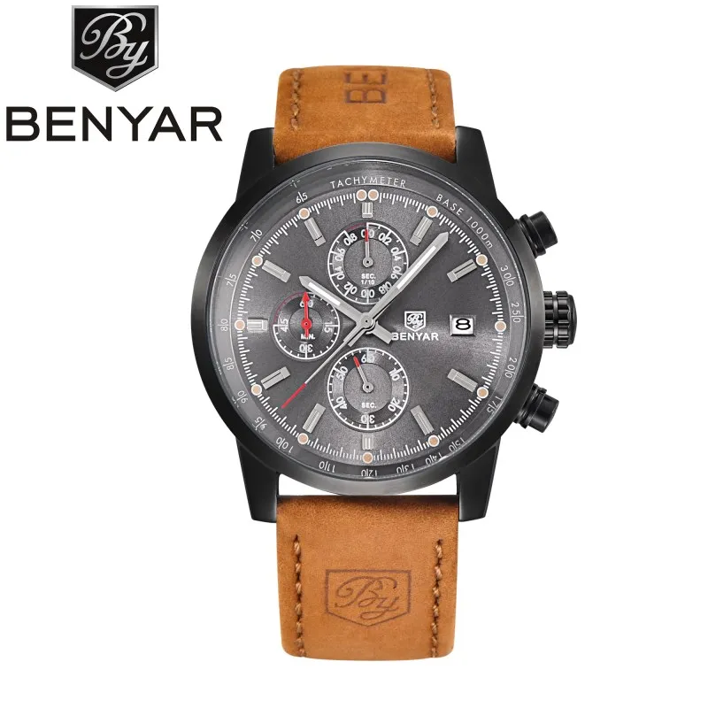 Relojes Hombre, бнейар, кварцевые часы, мужские, брендовые, водонепроницаемые, с хронографом, спортивные, кожаные, военные, наручные часы, Relogio Masculino - Цвет: L black grey