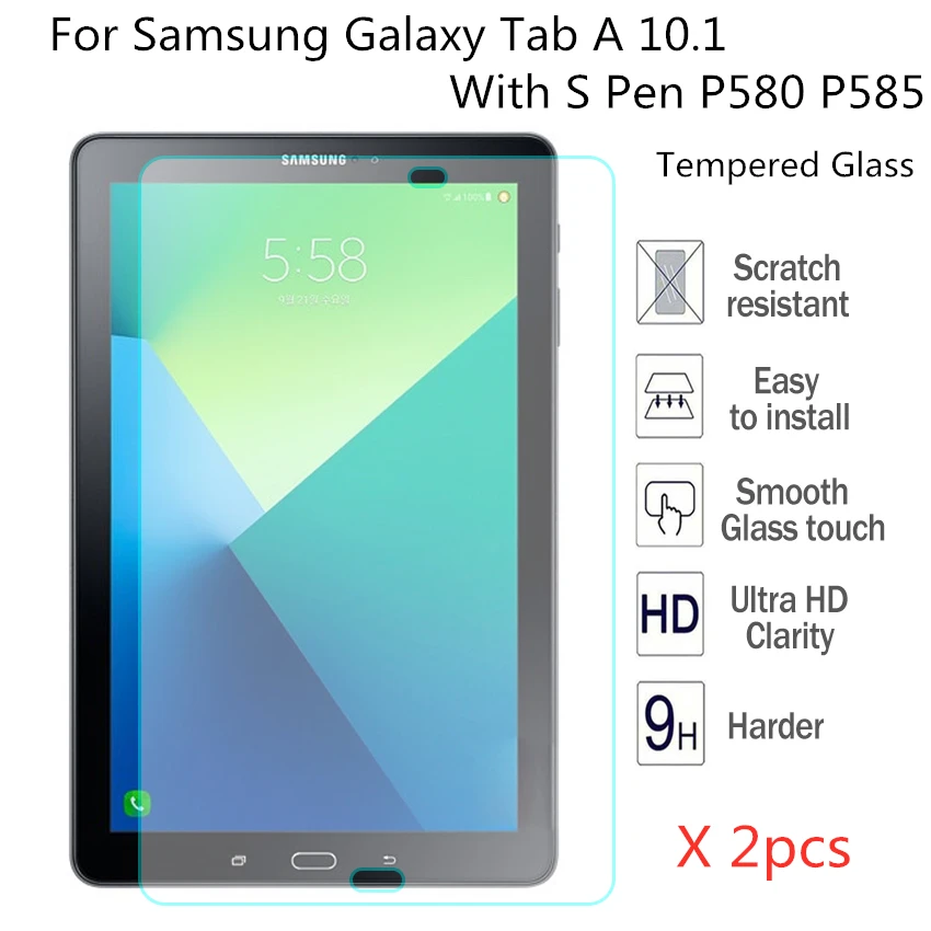2pcs Tempered Glass For Samsung Galaxy Tab A 10.1 With S Pen P580 P585