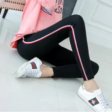 2018 pregnant women side striped cotton skinny leggings maternity high waist stretched belly trousers pencil pants  Elastic