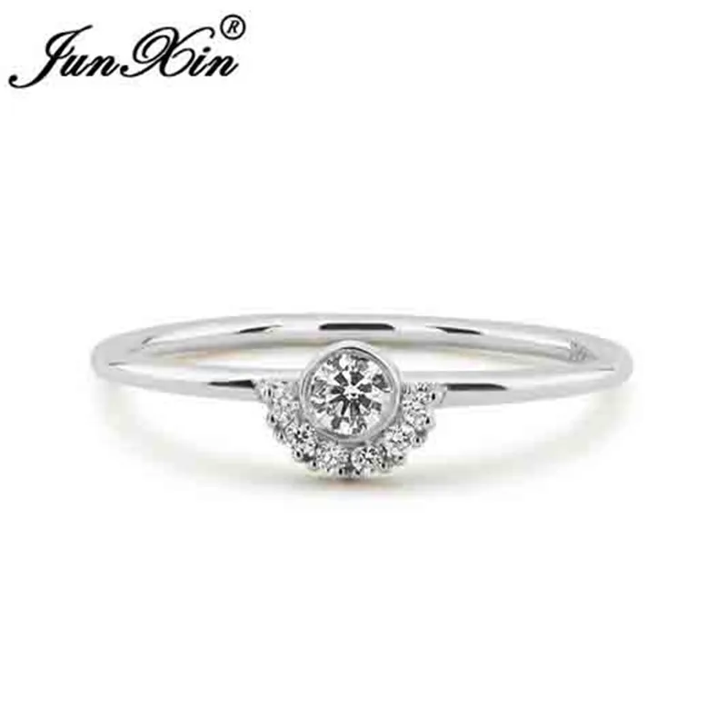 JUNXIN Stackable Crown Eternity Rings For Women 925 Silver Rose Gold Filled Small CZ White Crystal Minimalist Thin Ring Female
