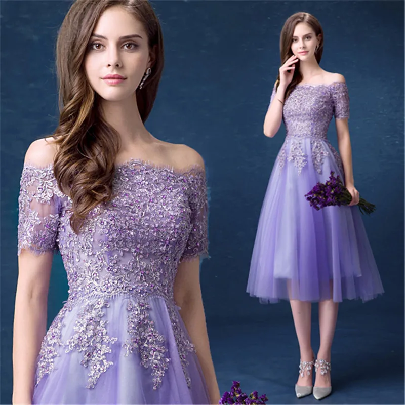 

QUEEN BRIDAL Evening Dresses Pueple Short Sleeve Lace Beading Short Party Prom Dress Evening Gowns 2018 Vestido De Festa JW77M