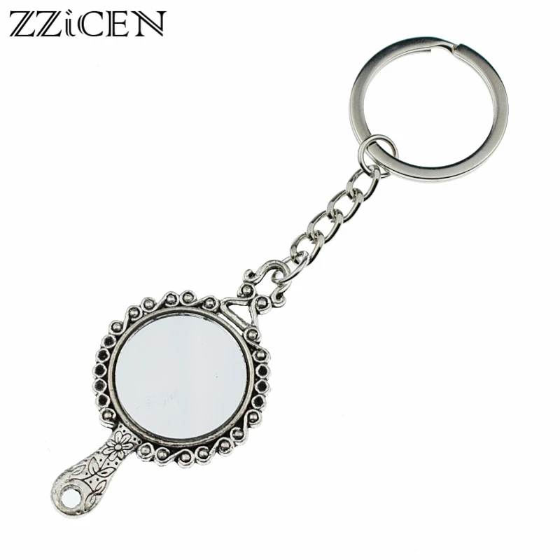 

New Antique Silver Exquisite Carving Elegant Magic Mirror Pendant Keychain Key Ring for Woman Mirror Jewelry Key Chains Holder
