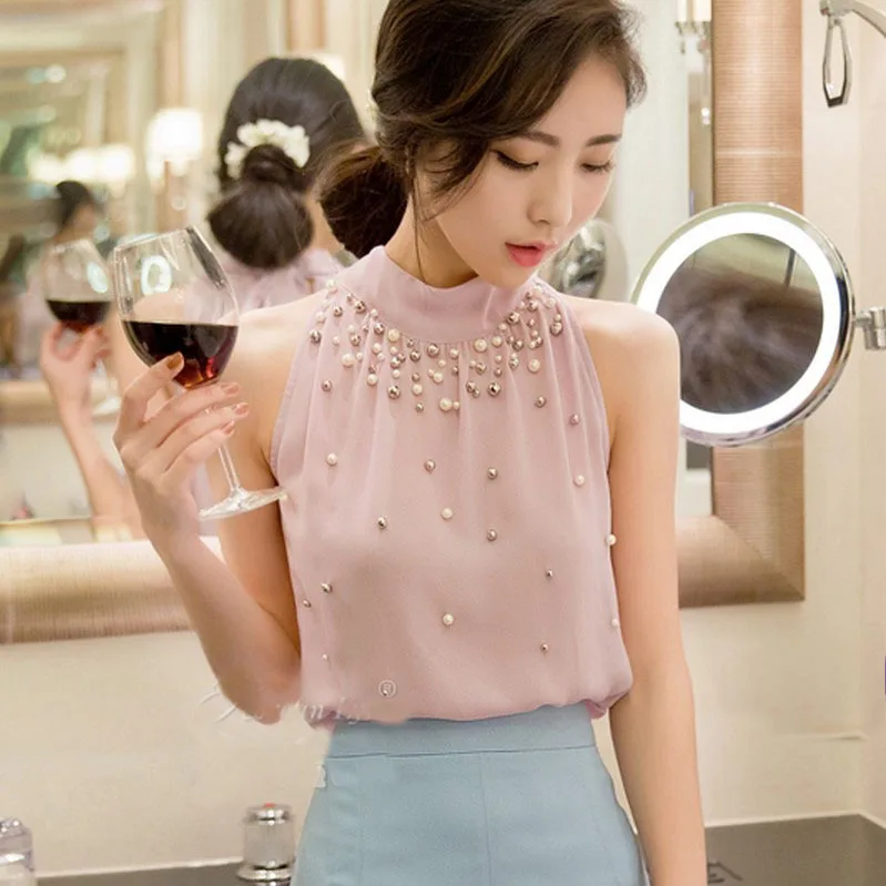 

Women Fashionable Sexy Chiffon Beads Shirt Feminine Sleeveless Halter Dew Back Tops