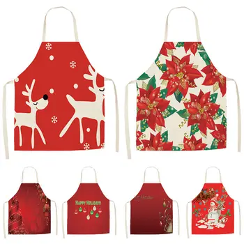 

1Pcs Red Christmas Apron Pinafore Cotton Linen Aprons 53*65cm Adult Bibs Home Kitchen Cooking Baking Cleaning Accessories CM1005