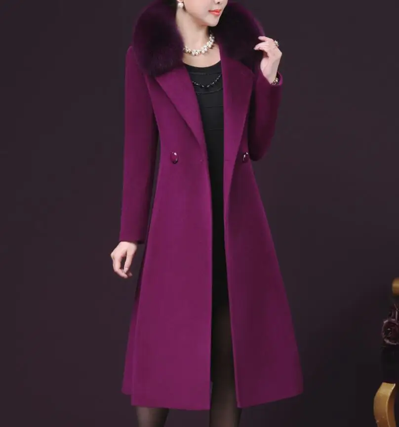 Высококачественное Женское шерстяное пальто, большой меховой воротник, длинный рукав, тонкая Длинная Верхняя одежда, роскошный элегантный офисный Блейзер, ветронепроницаемые пальто - Цвет: as    photo     2