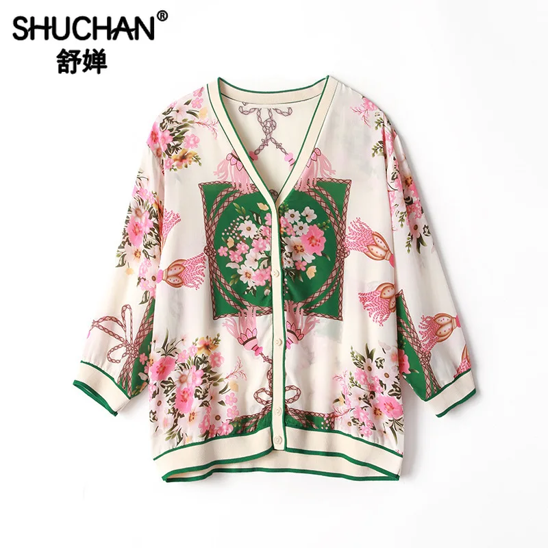 

Shuchan Women's Summer Jacket Natural Silk Print Single Breasted 3/4 Sleeve Women Tops Office Lady V-Neck Coat Women R10896