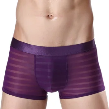 New listing jacquard ice silk stripes breathable character male panties sexy sheer flat angle underwear exotic shorts