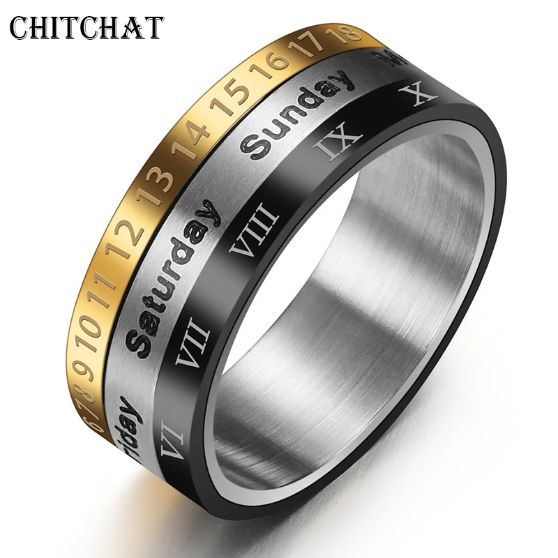 

3 Colors Punk Roman Numberals Ring Time Spinner Male Bijoux Band With Date Time Calendar Rings Cool Explosive Accessories