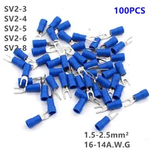SV2-4 azul furcate cabo fio conector 100 unidades/pacote furcate pre-isolante garfo pá 16 terminals 14awg fio friso terminais SV2.5-4 sv