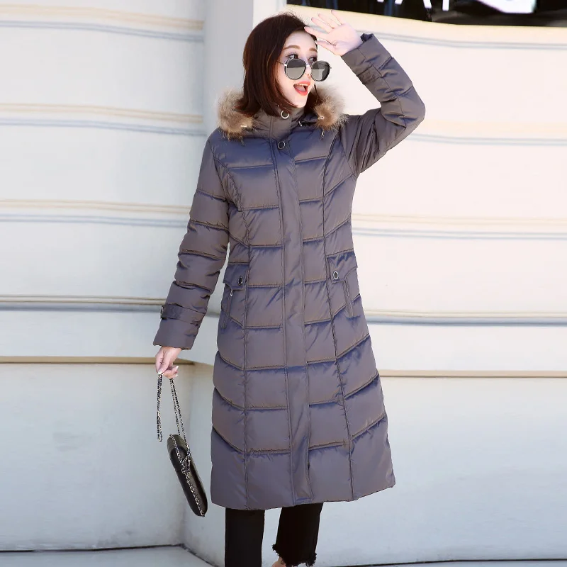 Gray Purple Высокое качество женский длинный пуховик с меховым воротником с капюшоном Длинная женская уличная куртка теплая парка Abrigos Mujer Invierno - Цвет: Gray Purple