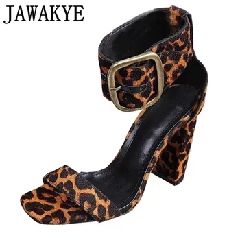 

Summer leopard horsehair sandals women sexy big metal square buckle decor gladitor sandals ankle adjustable shoes woman