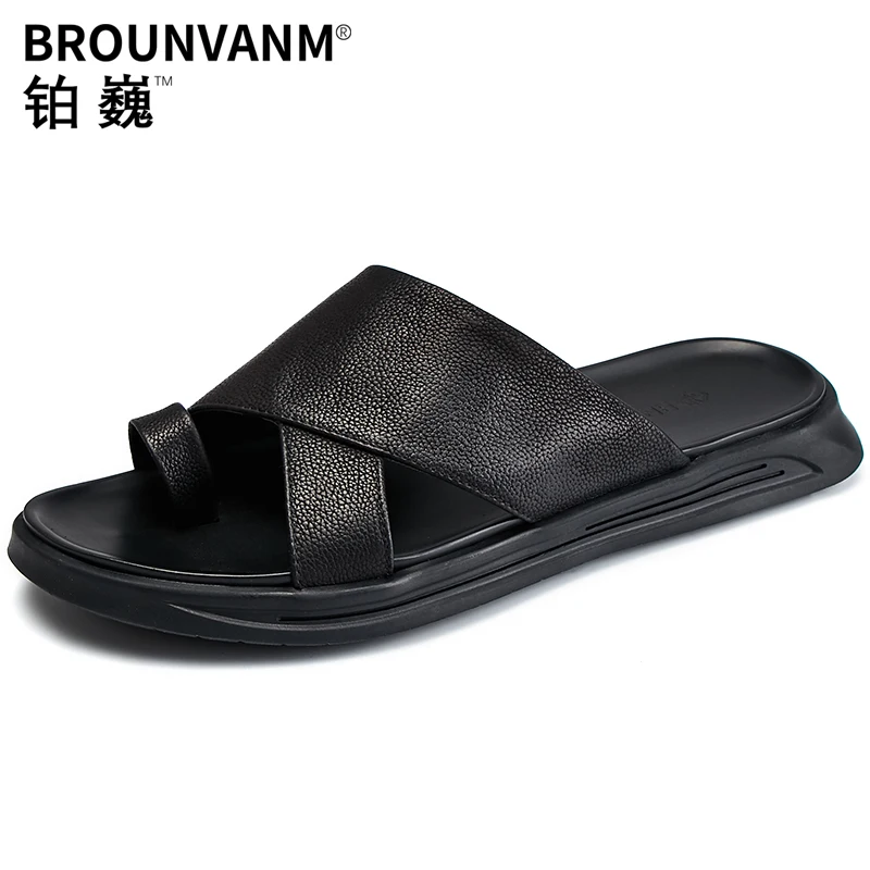 US 6-9 Men's Summer Flip-Flop Slippers Litchi Stria Sandals Cow leather Trendy Man Nonslip Outdoor Slides