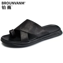 US 6-9 Men's Summer Flip-Flop Slippers Litchi Stria Sandals Cow leather Trendy Man Nonslip Outdoor Slides