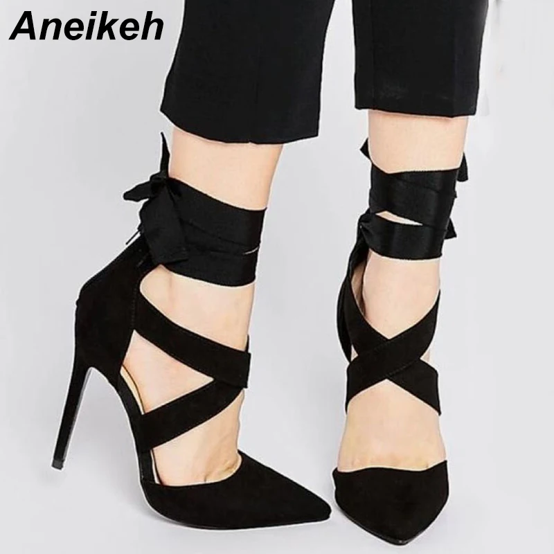 

Aneikeh Summer Pumps Cross-tied Ankle Strap Female Faux Suede Sexy Pointed Toe Gladiator Pumps High Heels Black Footwear Dress