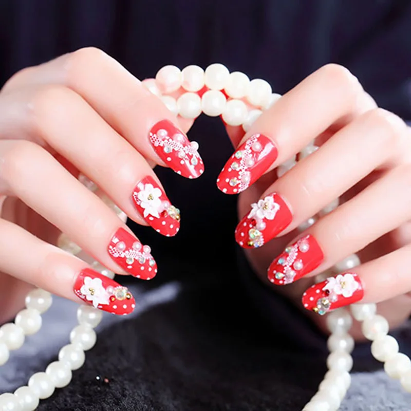 

24pcs Red Fake Nails Bride False Nail Glitter Nail Tips with Glue Nails Art Accessaries @ME88