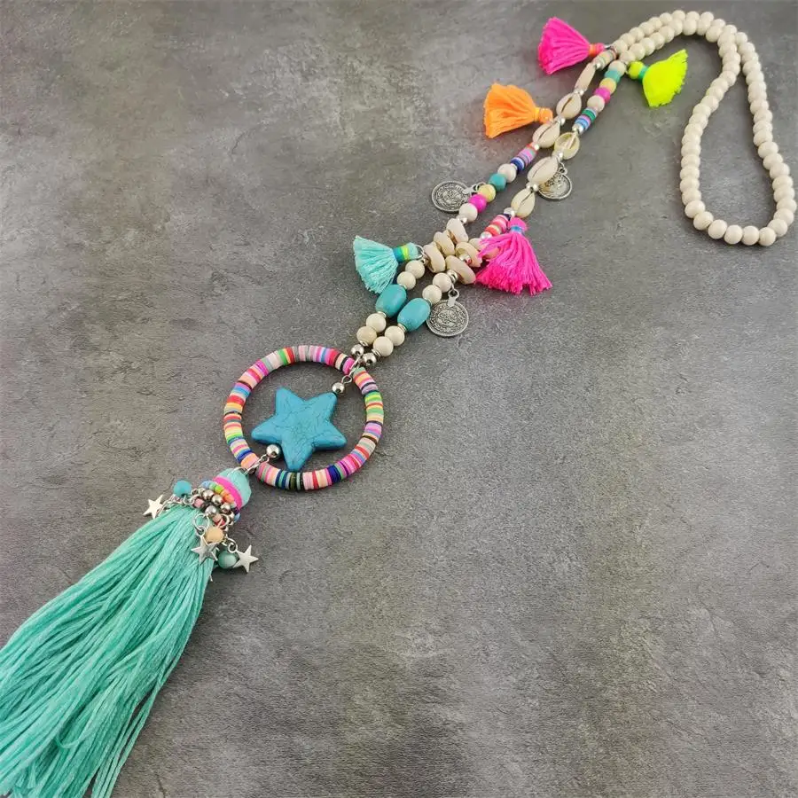 

Woman Statement Necklace Bohemian Beads Strand Long Necklaces with Stone Star Tassel Pendant Necklaces Boho Jewelry