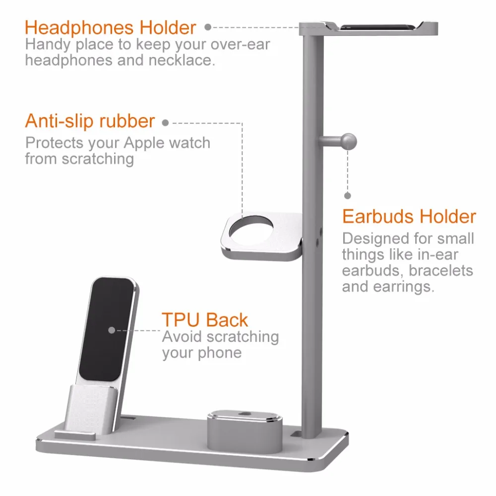 Алюминий наушники, подставка-держатель Charging Dock Зарядное устройство станции горе базы для Apple Watch Series 2/1 iPhone 7 7 plus 6s 6 plus X 8