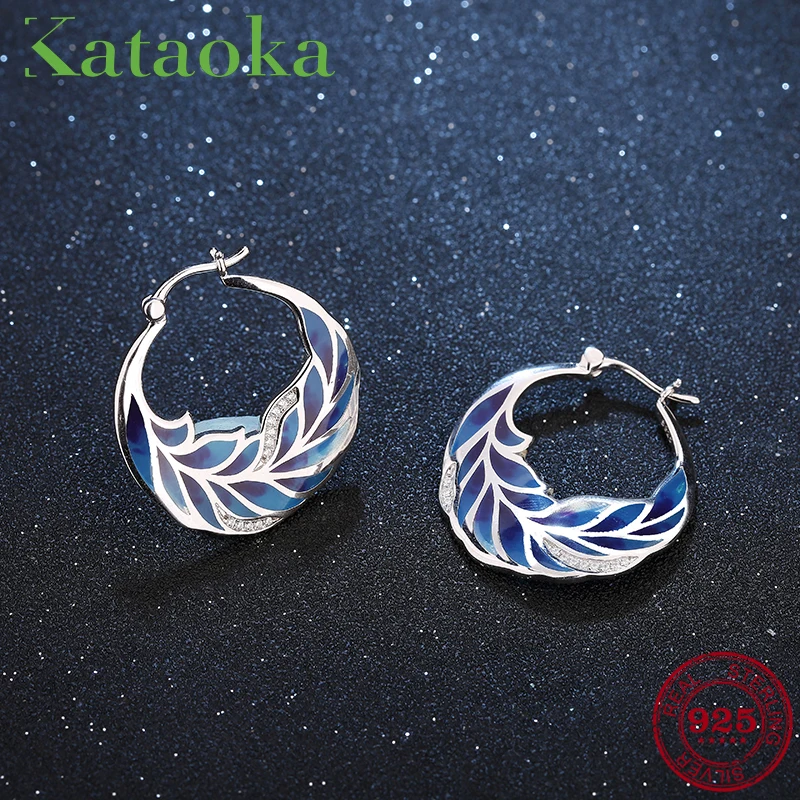 

Hot Jewelry Earrings For Women 925 Sterling Silver Like Beautiful Blue feather Earring White Cubic Zirconia Fashion Enamel 2018