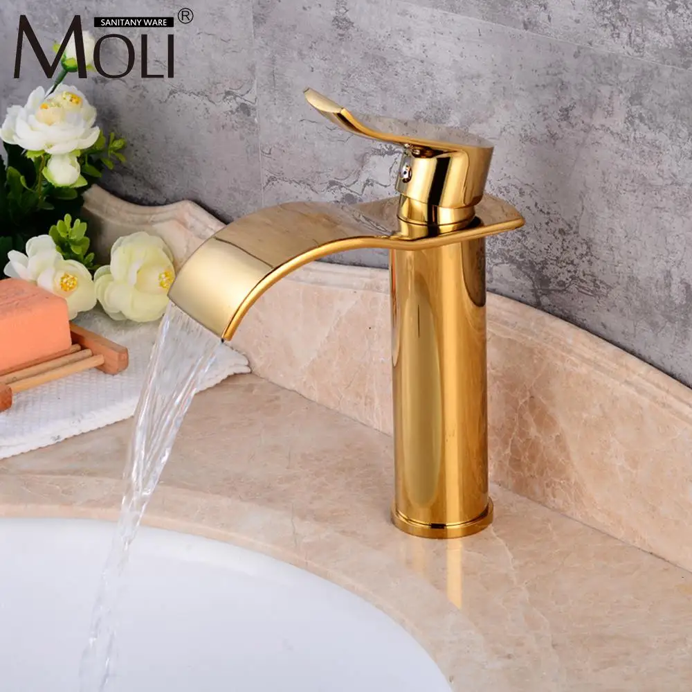 

Waterfall Gold Bathroom Sink Faucet Hot and Cold Water Mixer Tap Copper Luxury Basin Sink Faucets