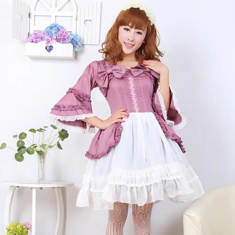 

Retro Gothic lolita Costume women trumpet sleeve Cotton Chiffon lolita dress Palace party Two piece dresses